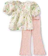 Bonnie Jean Little Girls Puffed-Sleeve Floral-Printed Eyelet Top & Solid Rib-Knit Pants Set