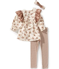 Bonnie Jean Little Girls Puffed Sleeve Twin Printed Pinafore Tunic Top & Striped Leggings Set
