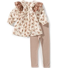 Bonnie Jean Little Girls Puffed Sleeve Twin Printed Pinafore Tunic Top & Striped Leggings Set
