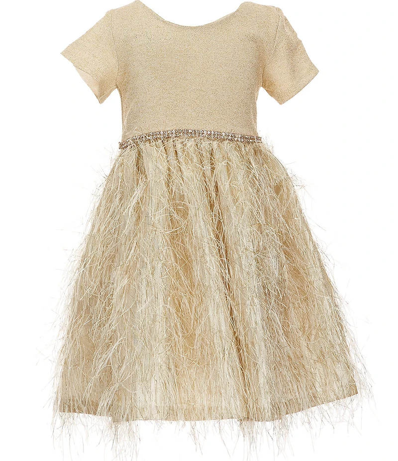 Bonnie Jean Little Girls Short-Sleeve Metallic-Knit-Bodice/Faux-Feather-Skirted Fit-And-Flare Dress