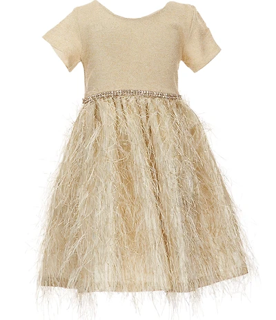 Bonnie Jean Little Girls Short-Sleeve Metallic-Knit-Bodice/Faux-Feather-Skirted Fit-And-Flare Dress