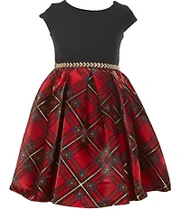 Bonnie Jean Little Girls Short-Sleeve Scuba-Knit/Plaid Satin Fit-And-Flare Dress