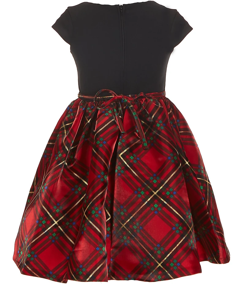 Bonnie Jean Little Girls Short-Sleeve Scuba-Knit/Plaid Satin Fit-And-Flare Dress