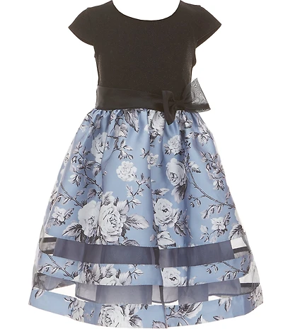 Bonnie Jean Little Girls Short-Sleeve Sparkle-Knit-Bodice/Floral Mikado Skirted Dress
