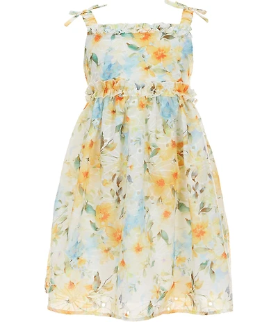 Bonnie Jean Little Girls Sleeveless Bow Shoulder Detail Floral Printed Eyelet Embroidered Dress