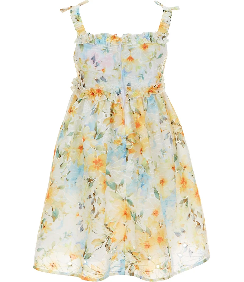 Bonnie Jean Little Girls Sleeveless Bow Shoulder Detail Floral Printed Eyelet Embroidered Dress
