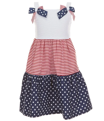 Bonnie Jean Little Girls Sleeveless Bow Trim Americana Stars & Stripe Pleated Tiered Dress
