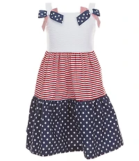 Bonnie Jean Little Girls Sleeveless Bow Trim Americana Stars & Stripe Pleated Tiered Dress