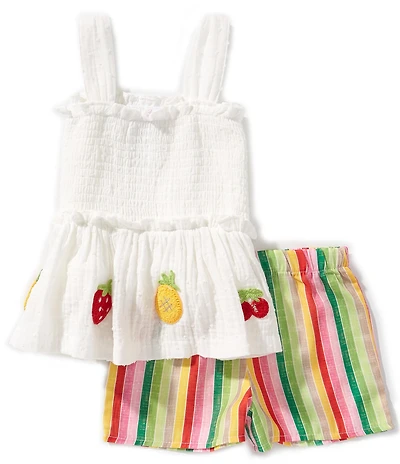 Bonnie Jean Little Girls Sleeveless Crocheted-Fruit-Appliqued Tank Top & Striped Shorts Set