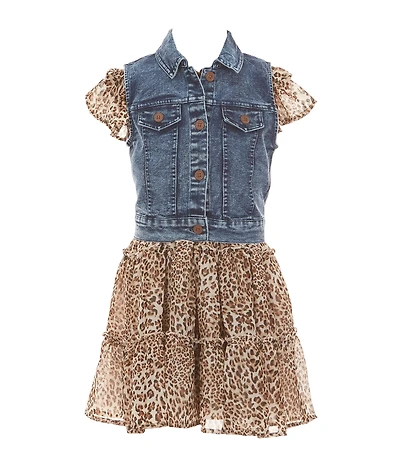 Bonnie Jean Little Girls Sleeveless Denim Vest & Flutter-Sleeve Leopard-Printed Chiffon Dress