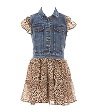 Bonnie Jean Little Girls Sleeveless Denim Vest & Flutter-Sleeve Leopard-Printed Chiffon Dress