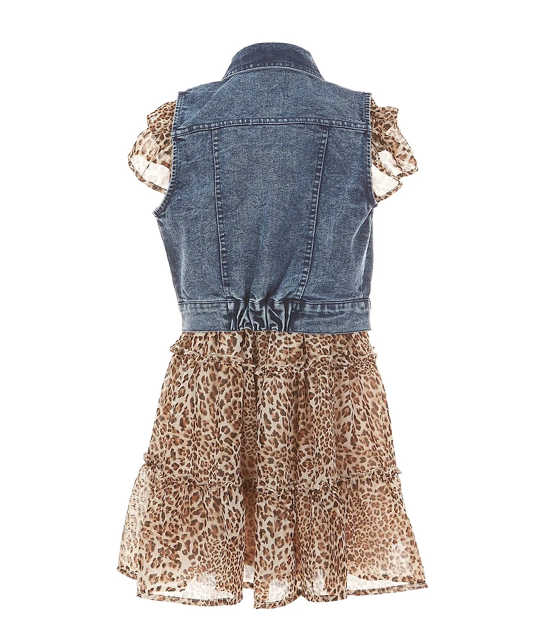 Bonnie Jean Little Girls Sleeveless Denim Vest & Flutter-Sleeve Leopard-Printed Chiffon Dress