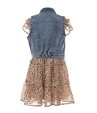Bonnie Jean Little Girls Sleeveless Denim Vest & Flutter-Sleeve Leopard-Printed Chiffon Dress