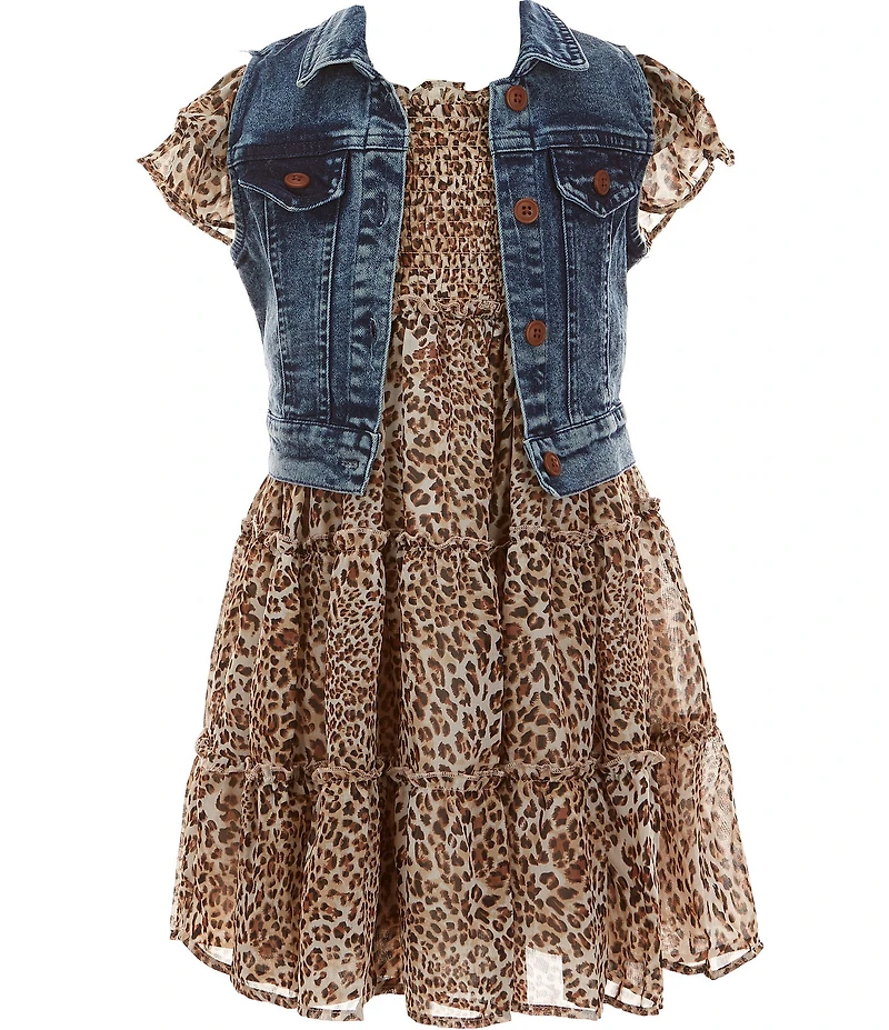 Bonnie Jean Little Girls Sleeveless Denim Vest & Flutter-Sleeve Leopard-Printed Chiffon Dress