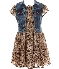 Bonnie Jean Little Girls Sleeveless Denim Vest & Flutter-Sleeve Leopard-Printed Chiffon Dress