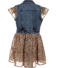 Bonnie Jean Little Girls Sleeveless Denim Vest & Flutter-Sleeve Leopard-Printed Chiffon Dress