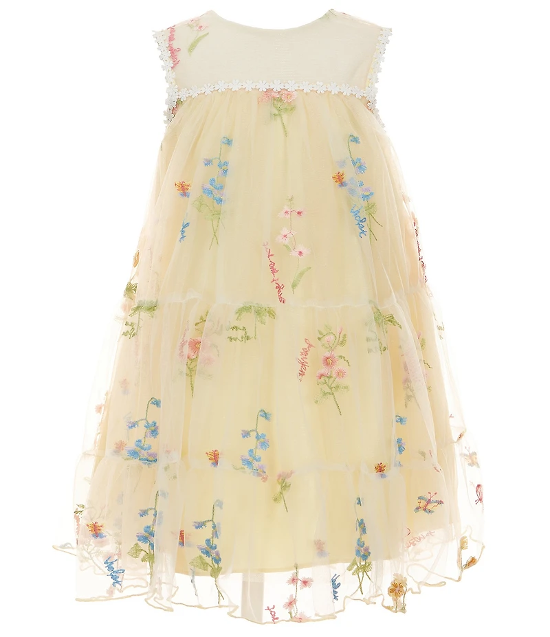 Bonnie Jean Little Girls Sleeveless Illusion Neckline Embroidered Floral Trapeze Mesh Tiered Dress