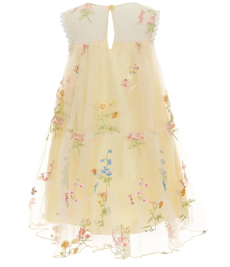 Bonnie Jean Little Girls Sleeveless Illusion Neckline Embroidered Floral Trapeze Mesh Tiered Dress