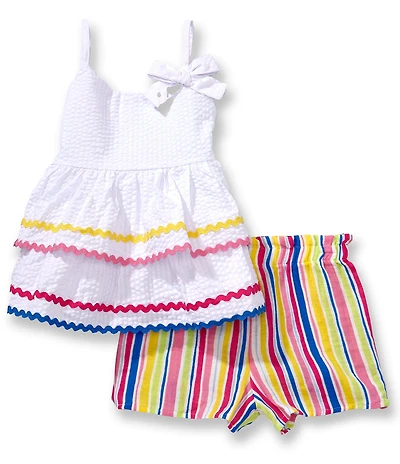 Bonnie Jean Little Girls Sleeveless Ric Rac Trimmed Seersucker Peplum Top & Vertical Striped Gauze Shorts Set