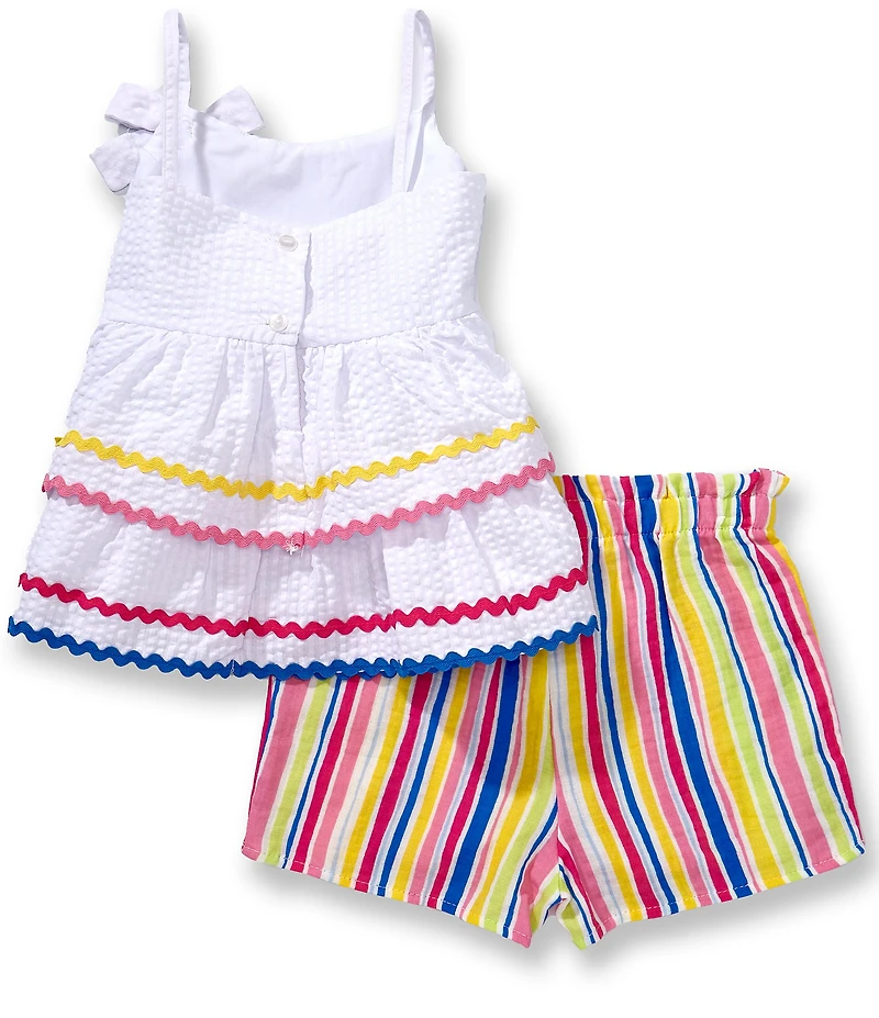 Bonnie Jean Little Girls Sleeveless Ric Rac Trimmed Seersucker Peplum Top & Vertical Striped Gauze Shorts Set