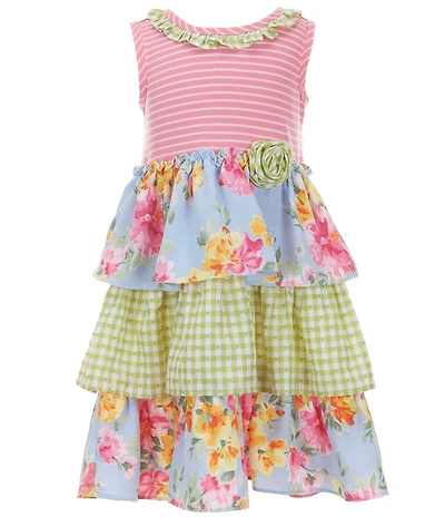 Bonnie Jean Little Girls Sleeveless Striped-Knit/Mixed-Media-Ruffle-Tier Dress