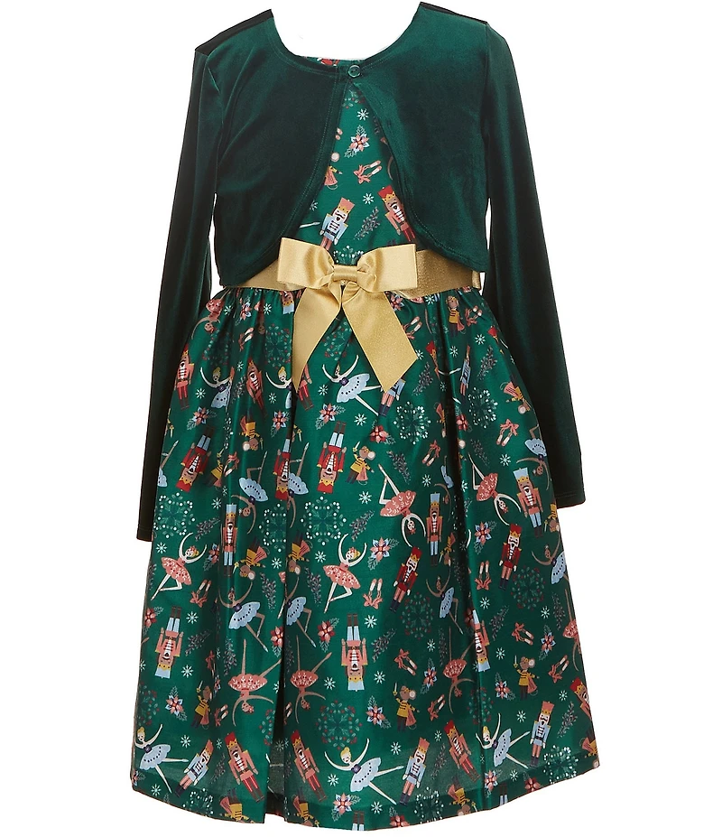 Bonnie Jean Little Girls Velvet Cardigan Nutcracker Print Bow Dress