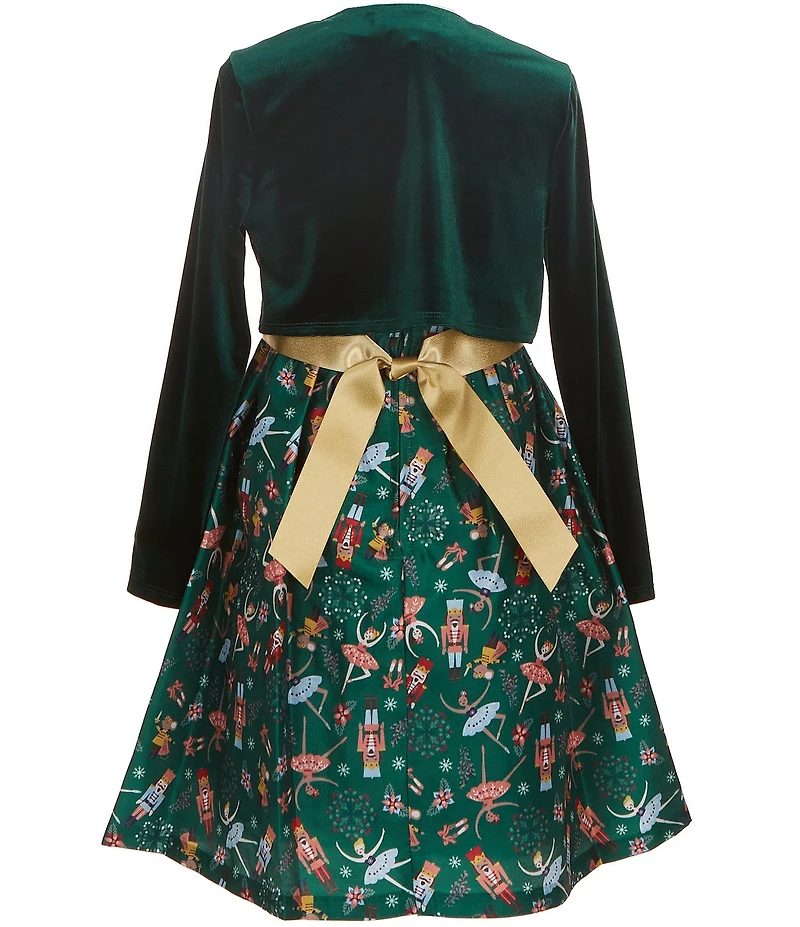 Bonnie Jean Little Girls Velvet Cardigan Nutcracker Print Bow Dress
