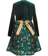 Bonnie Jean Little Girls Velvet Cardigan Nutcracker Print Bow Dress