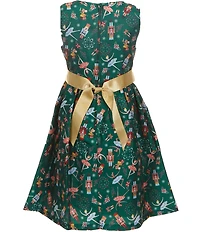 Bonnie Jean Little Girls Velvet Cardigan Nutcracker Print Bow Dress