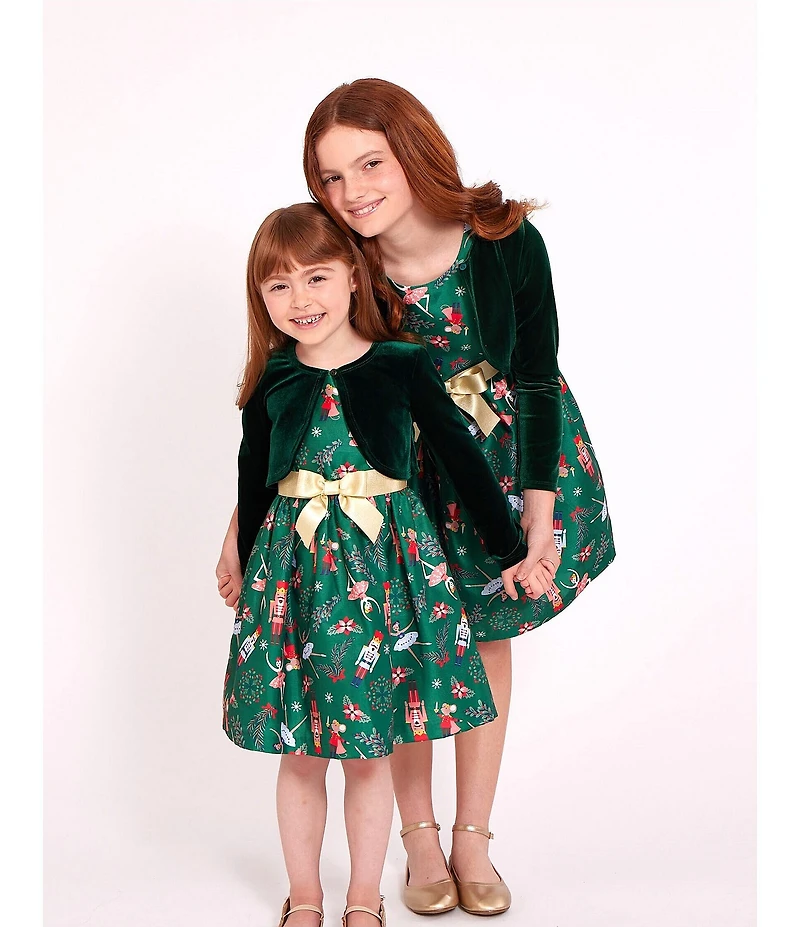 Bonnie Jean Little Girls Velvet Cardigan Nutcracker Print Bow Dress