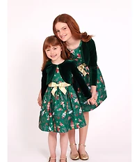Bonnie Jean Little Girls Velvet Cardigan Nutcracker Print Bow Dress