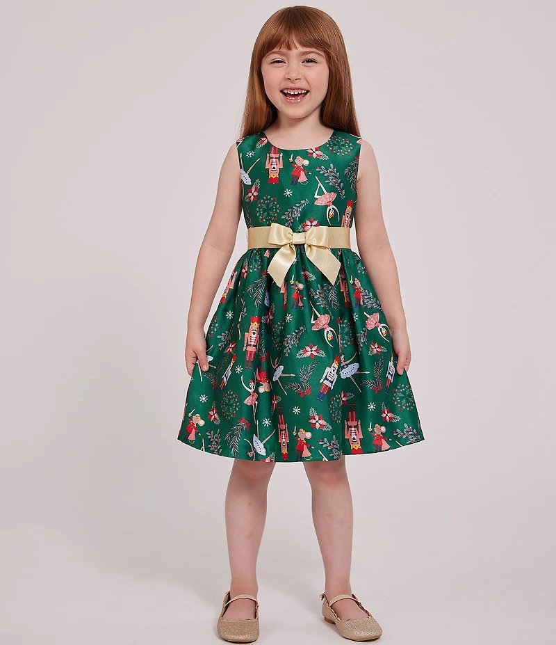 Bonnie Jean Little Girls Velvet Cardigan Nutcracker Print Bow Dress