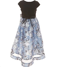 Bonnie Jean Short Sleeve Sparkle Knit Floral Mikado High Low Dress