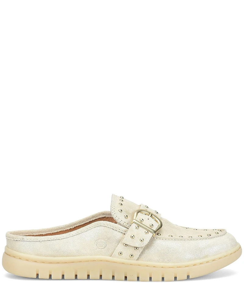 Born Alora Metallic Leather Studded Buckle Strap Loafer Mules