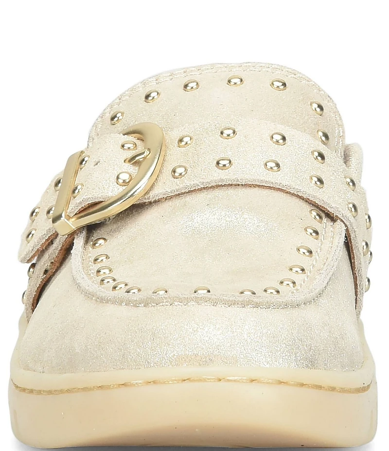 Born Alora Metallic Leather Studded Buckle Strap Loafer Mules