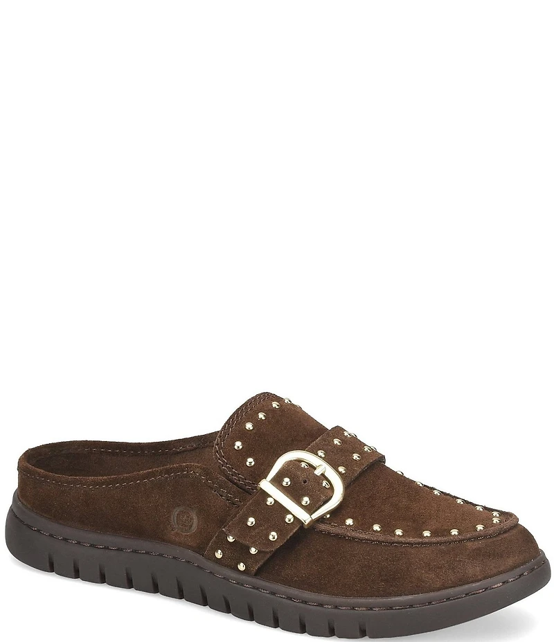 Born Alora Suede Studded Buckle Strap Loafer Mules