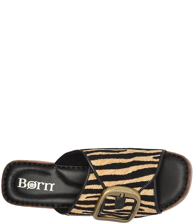 Born Bangle Raffia Zebra Print Buckle Platform Slide Sandals