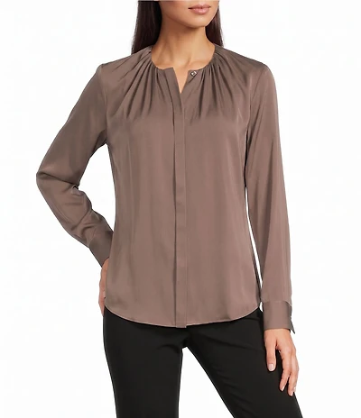 BOSS by Hugo Boss Banorah Silk Satin Pleated Round Neck Long Sleeve Blouse