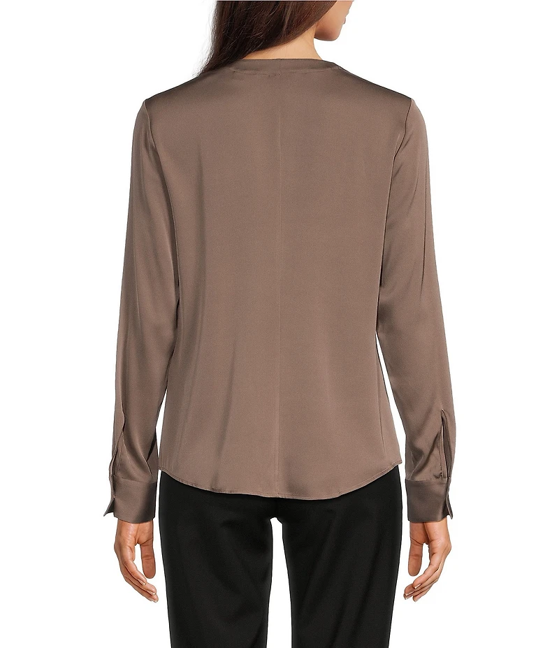 BOSS by Hugo Boss Banorah Silk Satin Pleated Round Neck Long Sleeve Blouse