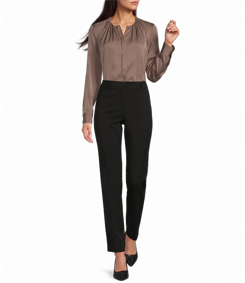 BOSS by Hugo Boss Banorah Silk Satin Pleated Round Neck Long Sleeve Blouse