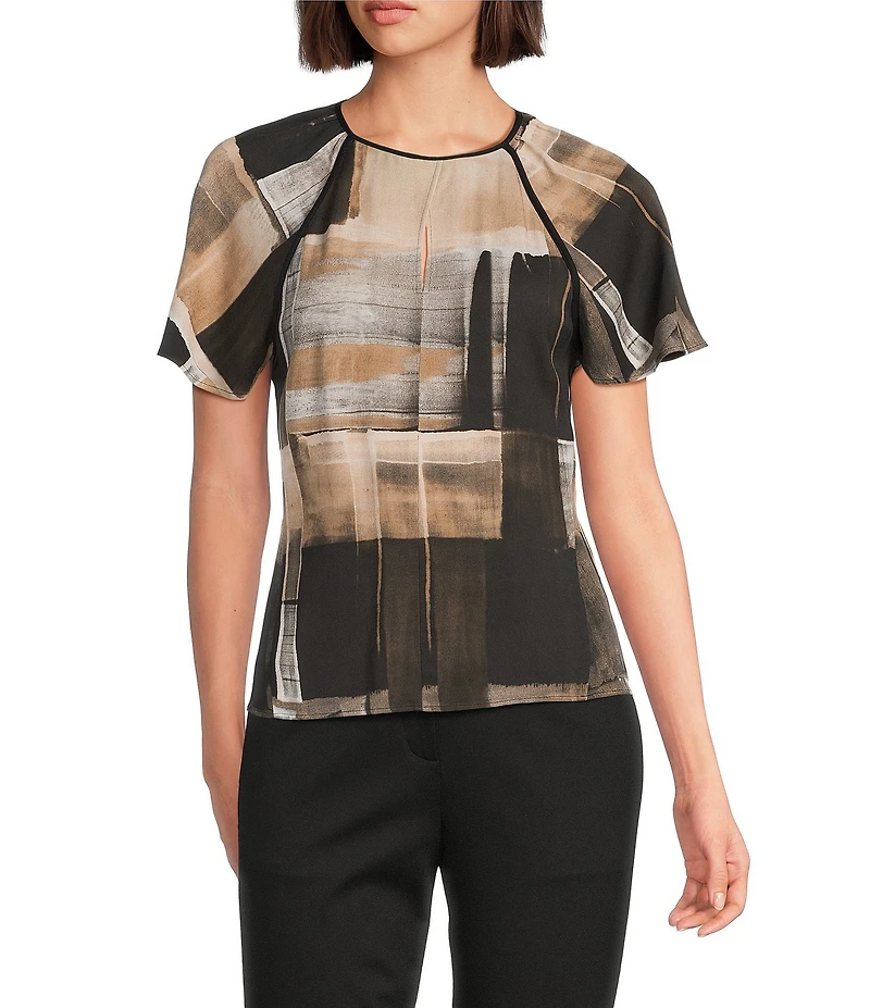 BOSS by Hugo Boss Bivalia Painted Print Satin Round Neck Short Sleeve Top