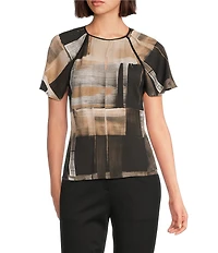 BOSS by Hugo Boss Bivalia Painted Print Satin Round Neck Short Sleeve Top
