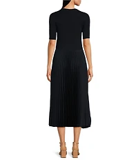 BOSS by HUGO BOSS Fadrid Mixed Media Knit And Woven Round Neck Short Sleeve Pleated Midi Dress