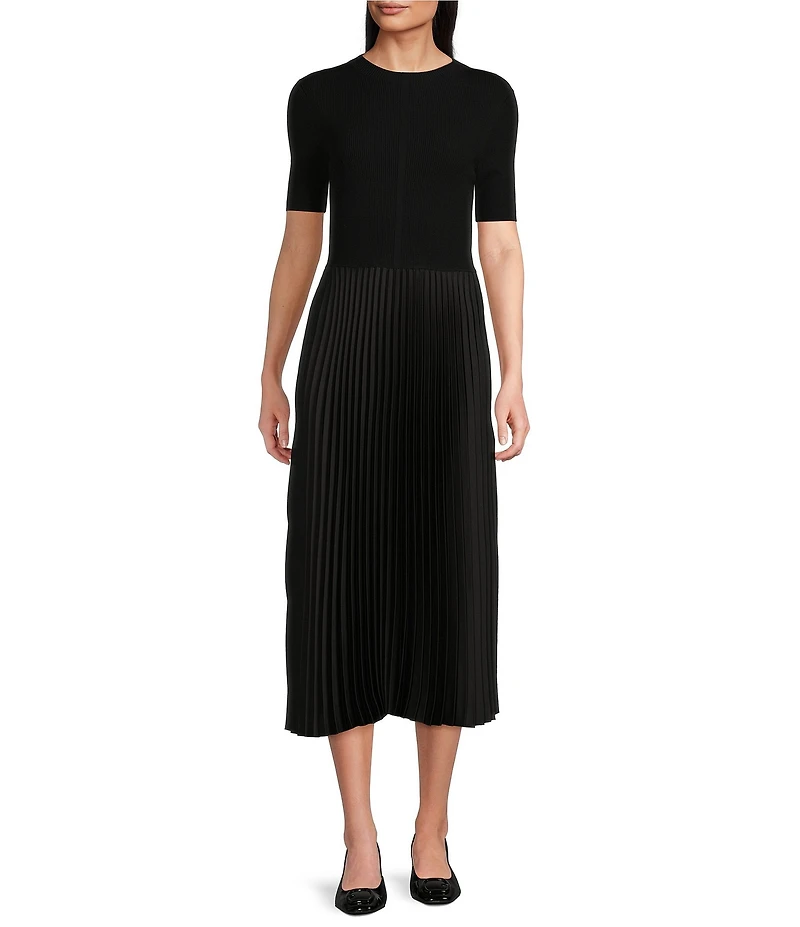 BOSS by HUGO BOSS Fadrid Mixed Media Knit And Woven Round Neck Short Sleeve Pleated Midi Dress