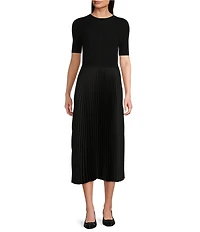 BOSS by HUGO BOSS Fadrid Mixed Media Knit And Woven Round Neck Short Sleeve Pleated Midi Dress