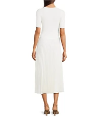 BOSS By Hugo Boss Fadridi Knit Crew Neck Short Sleeve Fit And Flare Pleated Skirt Midi Dress