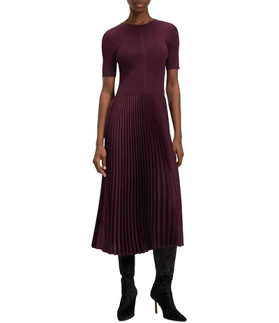 BOSS by Hugo Boss Fadridi Knit Scoop Neck Short Sleeve Pleated Midi Dress