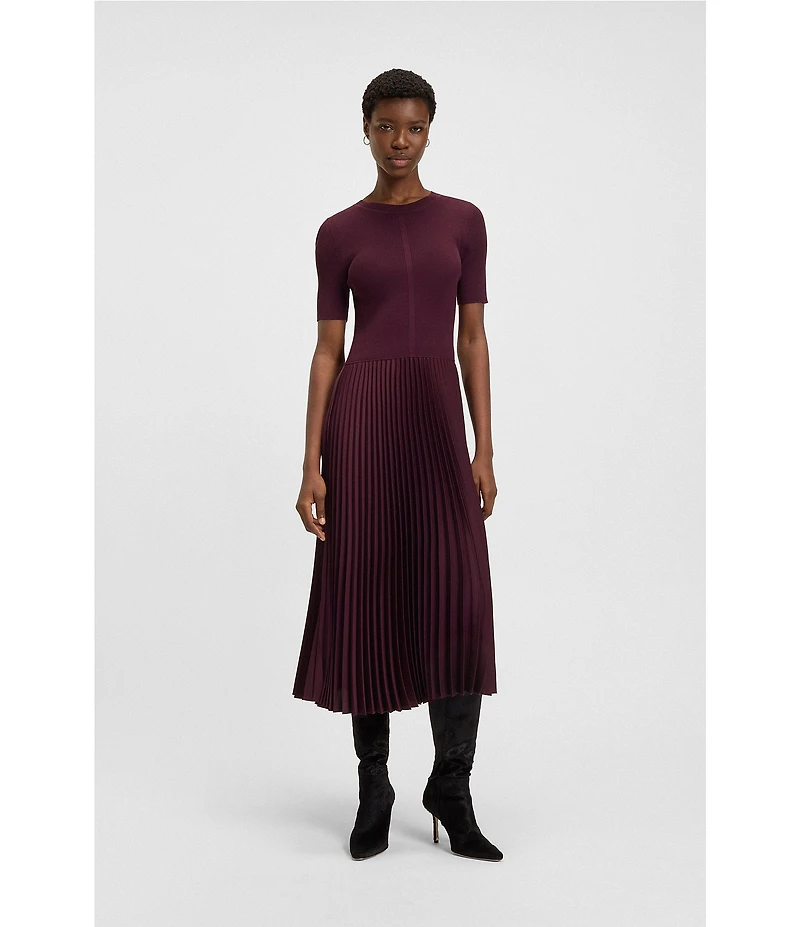 BOSS by Hugo Boss Fadridi Knit Scoop Neck Short Sleeve Pleated Midi Dress