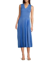 BOSS By Hugo Boss Farara Knit Woven V-Neck Cutout Neckline Sleeveless Midi Dress