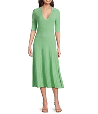 BOSS by Hugo Boss Fracie Rib Knit Collar V-Neck Short Sleeve Fit-And-Flare Midi Dress